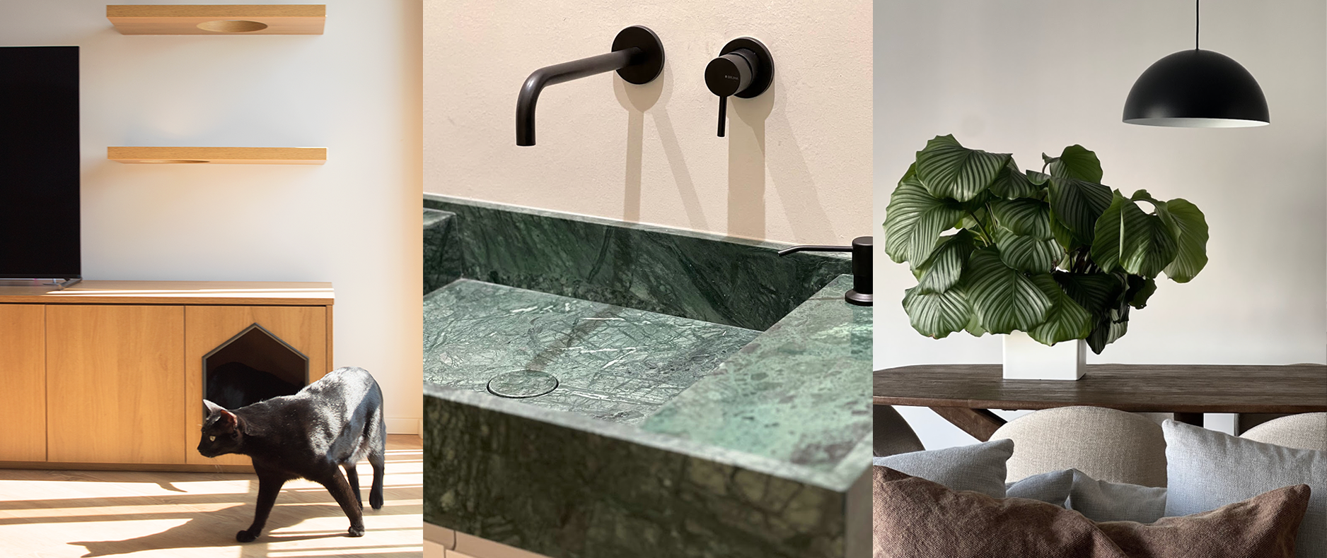 Sala de estar com design minimalista e soluções petfriendly integradas para gato, com mobiliário em madeira e detalhes funcionais